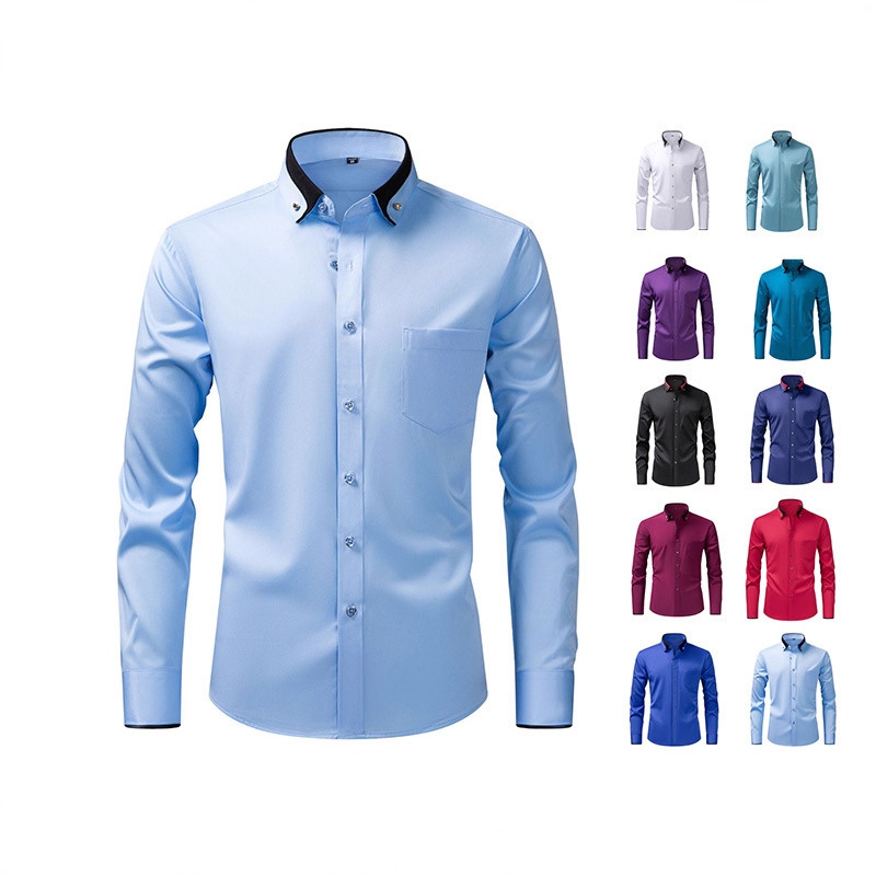 European Size Men's Shirt with Diamond Buttons, Non-Iron, Four-Way Stretch, Long-Sleeve Shirt, Light Business Style, Slim Fit Men's Shirt with a High-End Feel