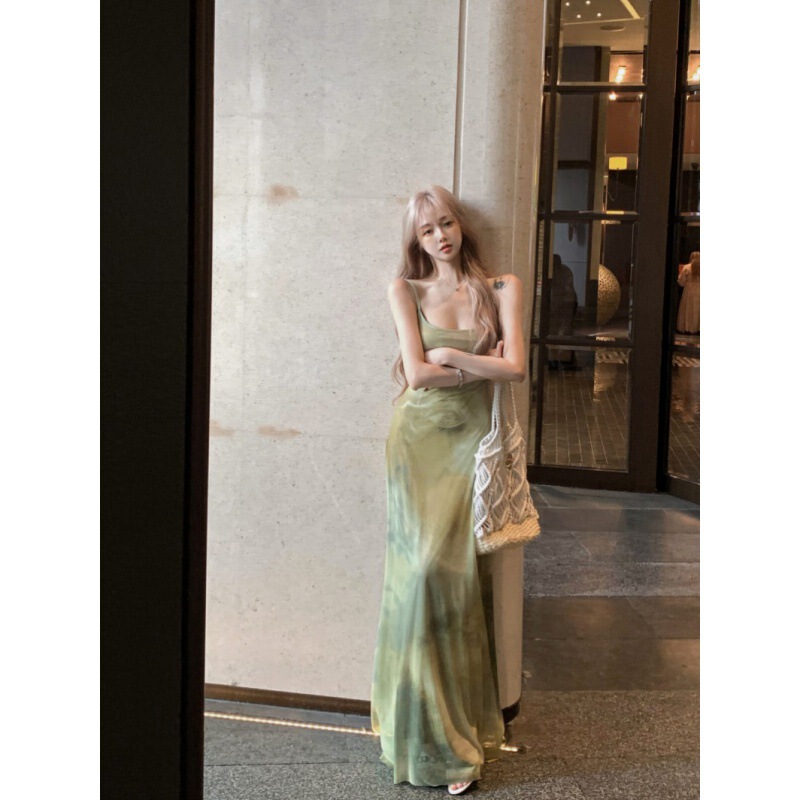 Real Shot Seaside Holiday Style Green Halting Sling dress Women's Summer Long Dress Real Shot Seaside Holiday Style Green Halting Sling dress Women's Summer Long Dress