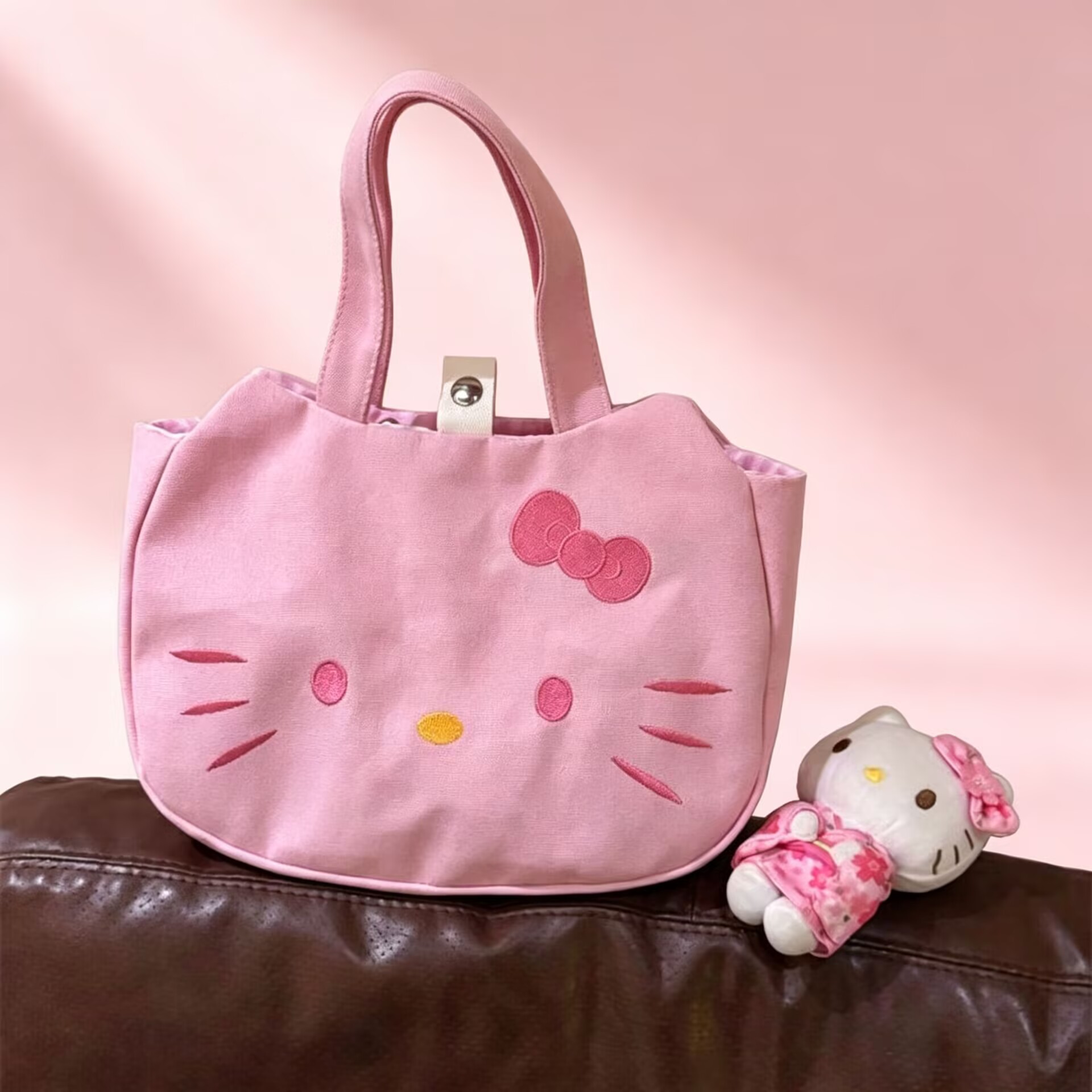 Pink kitty embroidered handbag, Korean style new small tote bag, commuter bag, versatile handbag for women