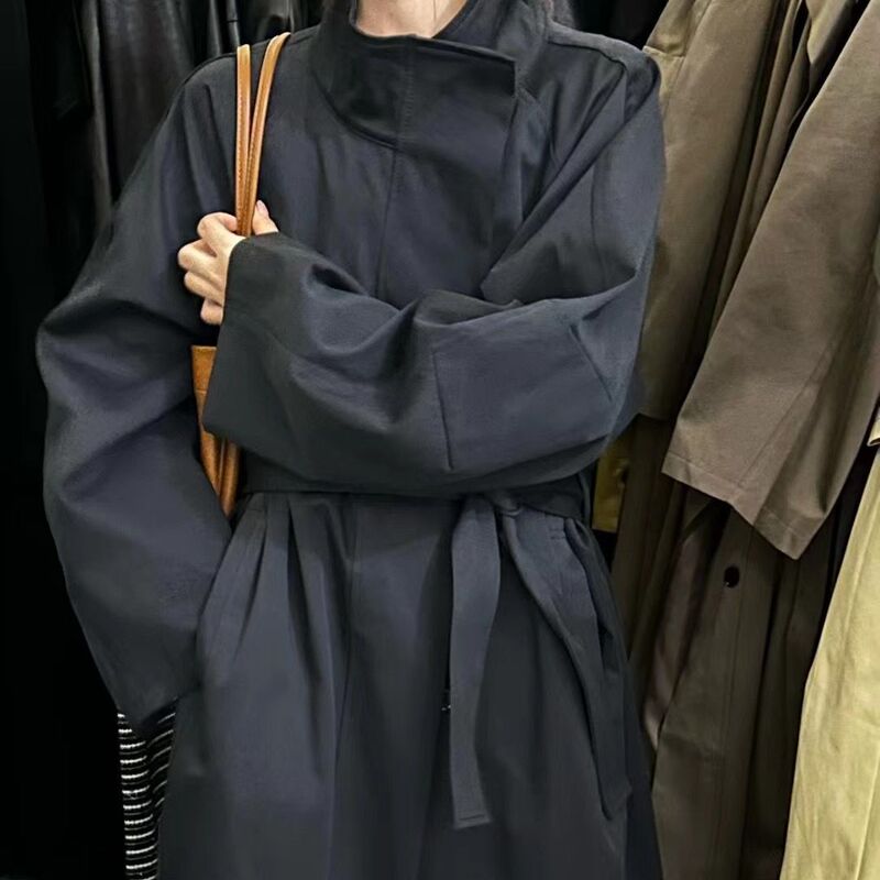感超好看冷淡气质慵懒风衣女2025秋款灰色大衣超长款立领外套|undefined
