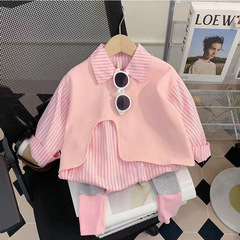 中小女の子ストライプ春秋服セット赤ちゃん洋気ファッション偽2枚シャツ子供レギンス2枚セット