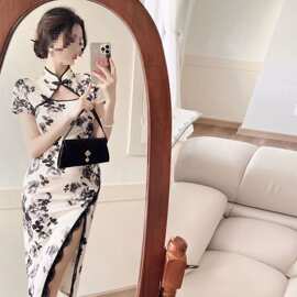 网红直播国风气质复古中长款收腰显瘦开叉蕾丝包臀裙会所茶馆工服