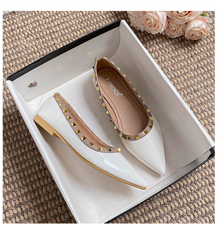 Giày búp bê nữ mũi nhọn đế bằng gắn đinh tán phong cách thanh lịch — mơ, trắng chi tiết 18
