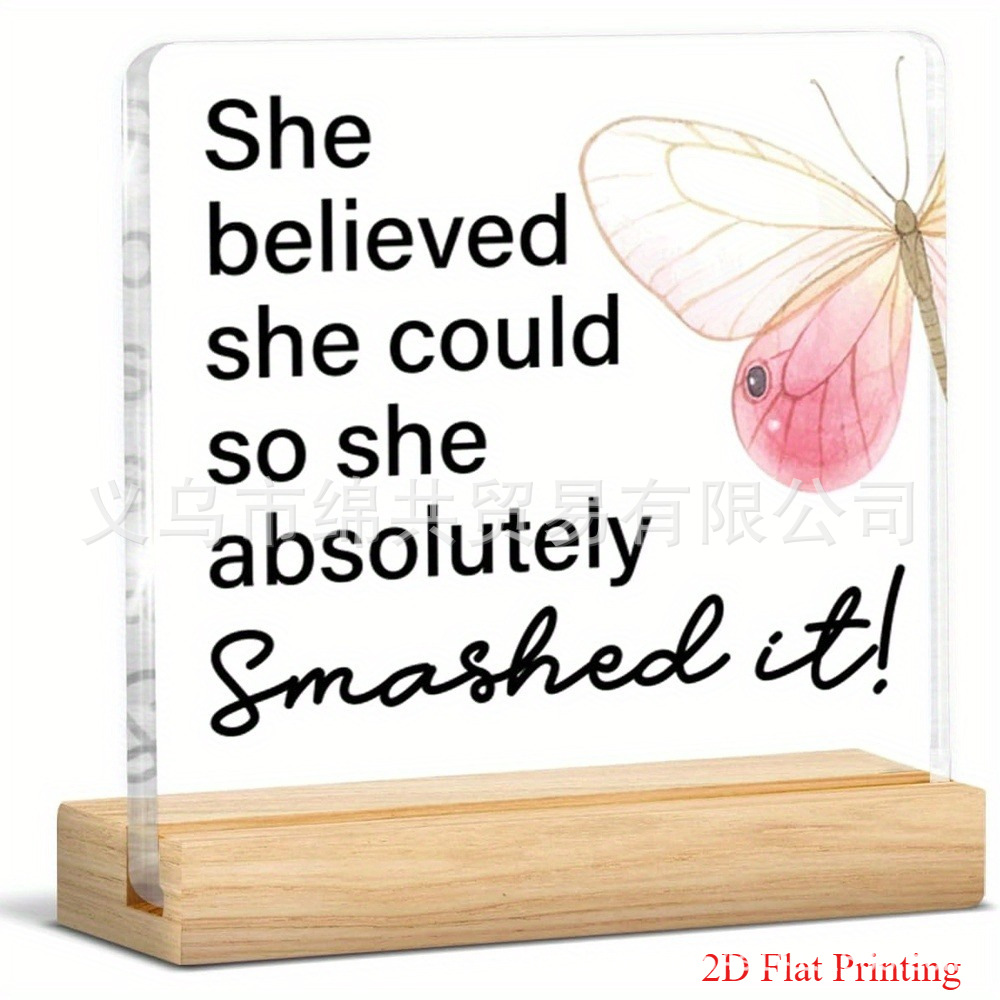 2D Flat Female Inspirational Copywriting Pink Watercolor Butterfly Element Acrylic with Wooden Base Decorative Ornaments