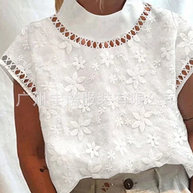 Blusa elegante con encaje y cuello alto, moda europea y americana, 2023