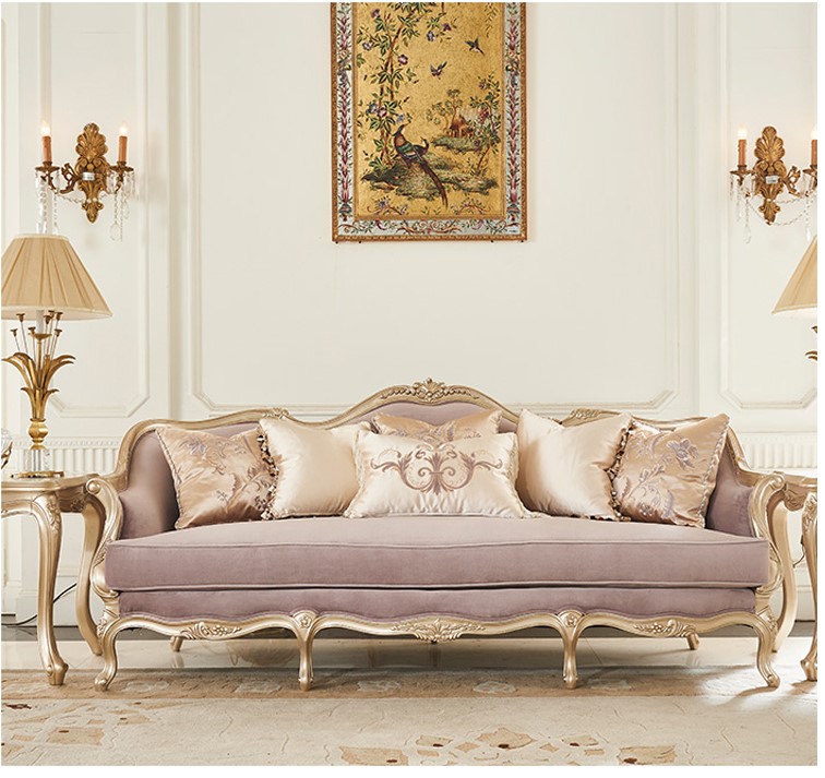 American Champagne Gold Solid Wood Carved European Style Large and Small Living Room Villa French Light Luxury Fabric Sofa Combination
