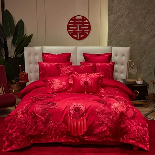 高端全棉160支长绒棉贡缎刺绣提花结婚四件套婚庆大红十件套六件