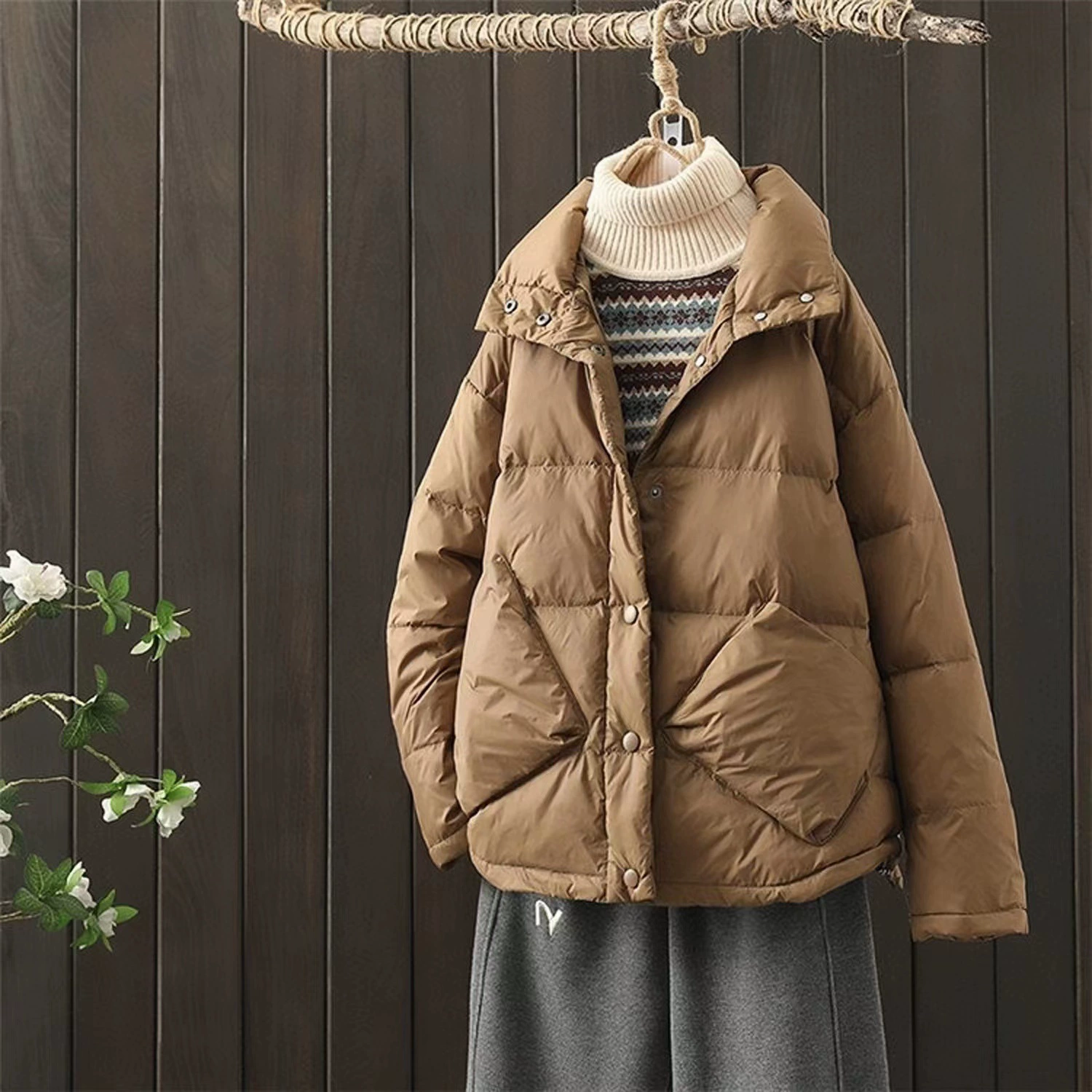 Пальто из бархата с капюшоном и пухом уткой, Oversize