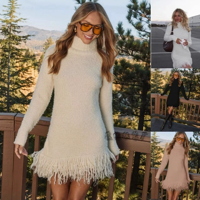 2025 осень-зима европейская и американская модная одежда с кисточками ручной работы, новый вязаный свитер с высоким воротником для женщин на Amazon