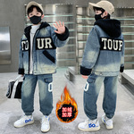 男童牛仔套装秋冬款2025新款羊羔毛儿童加厚棉衣洋气宝宝加绒夹克