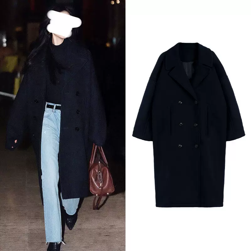 [现货]刘诗诗巴黎时装周同款加厚保暖羊毛混纺长款毛呢大衣外套女