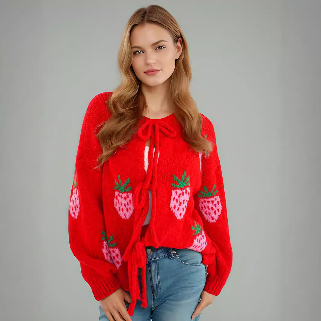 Women's Clothing Neck Autumn and Winter Sweater Bandage Cardigan Hot Tops Knitted Sweater Jacket Women_voghion.com