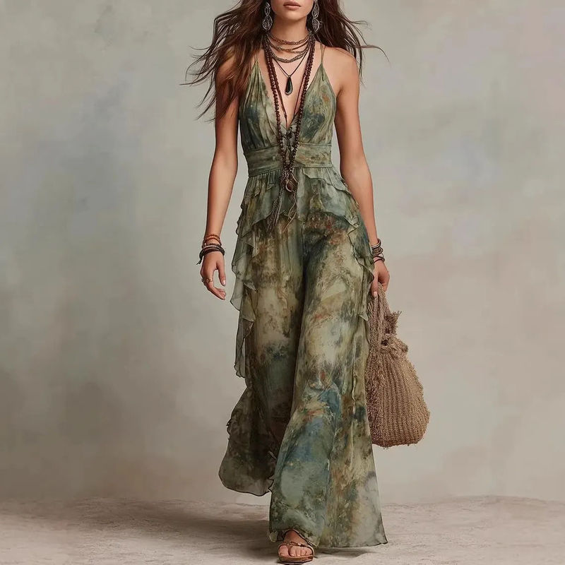 European and American Style Retro Tie-Dye Suspender Dress for Women, Summer Waist-Cinching Ruffled Backless Bohemian Vacation Long Dress