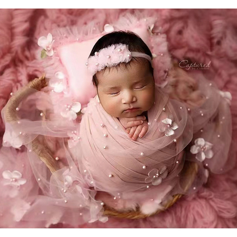 Cross-border new children's photography wrap newborn photo wrap baby chiffon scarf with pearl headdress
