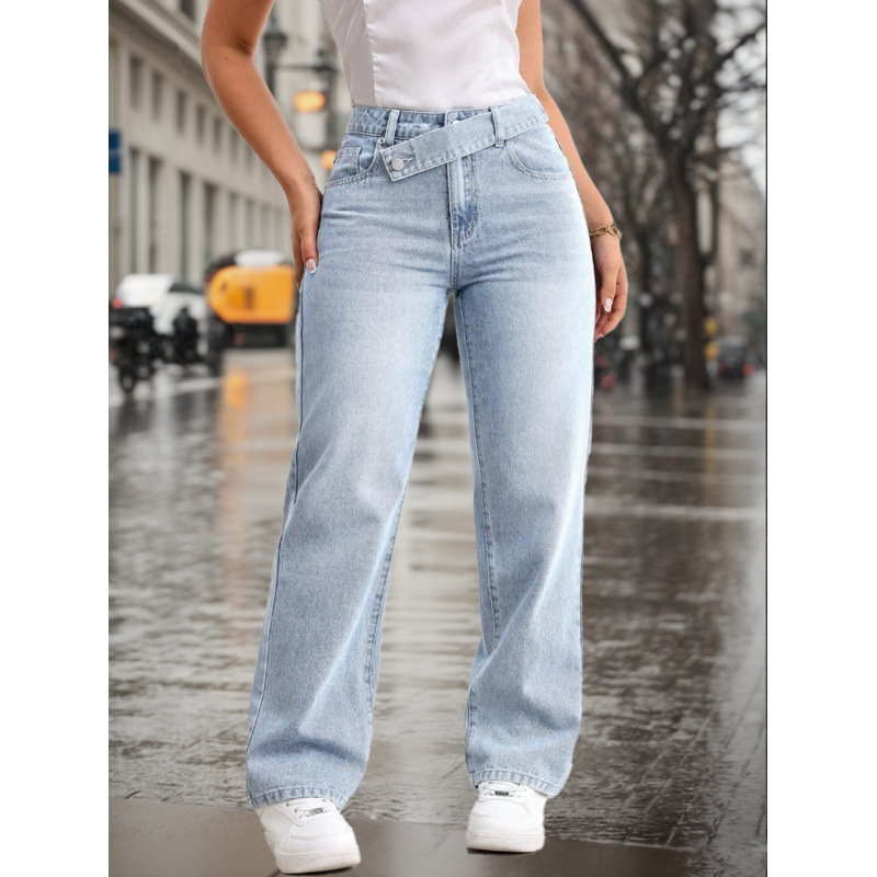 [Cross-Border Hot Style] Blue Women's Casual Light Blue Washed Overlapping Waist Loose Straight Jeans Now