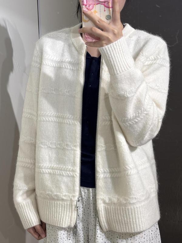 早秋穿搭上衣白色慵懒毛衣开衫外套女秋冬拉链宽松别致外搭针织衫|undefined