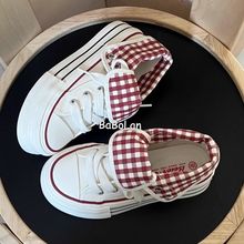 厚底帆布鞋女款2025新款秋季高帮格子增高女鞋百搭ins潮休闲板鞋