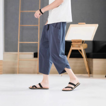 厂家直销男士薄款宽松直筒棉麻运动裤沙滩裤亚麻休闲七分裤男裤子
