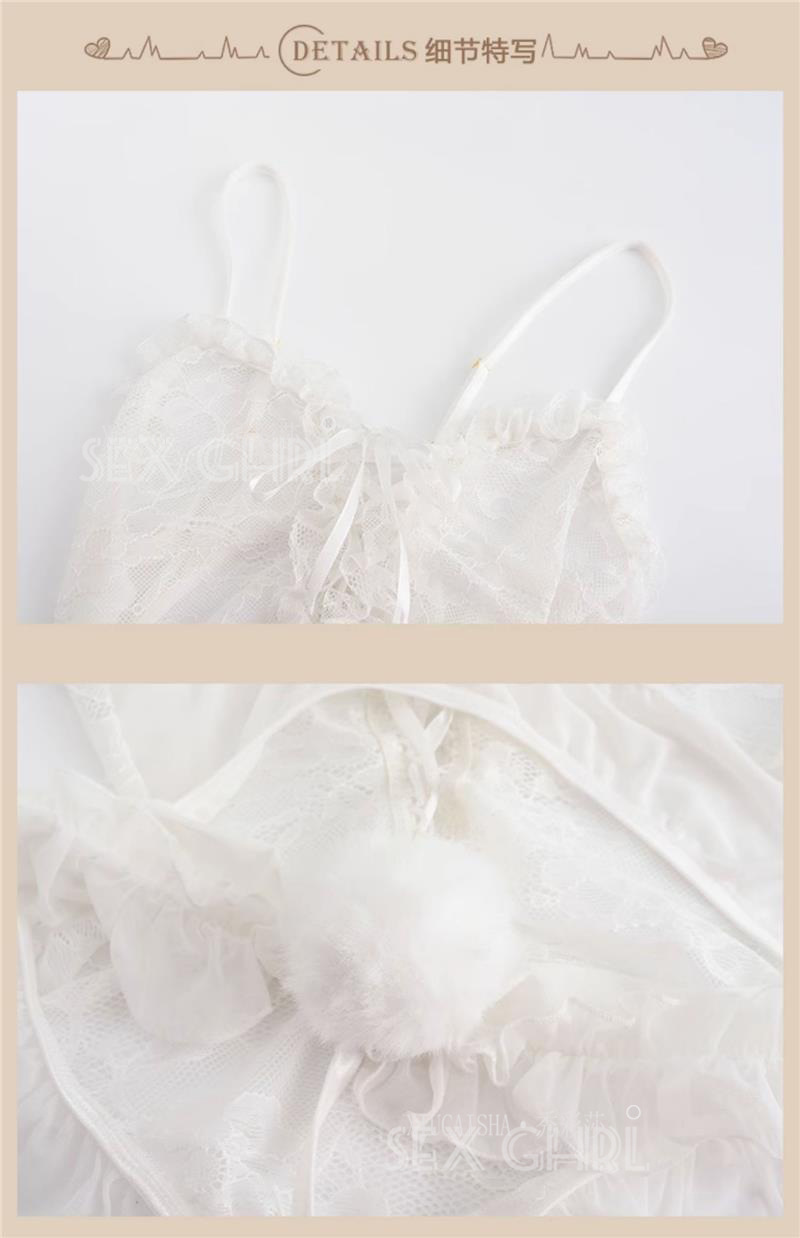 Bunny Girl Maid Lingerie Set, Red Lace See-through Bodysuit with Bow Stockings — detail image 18