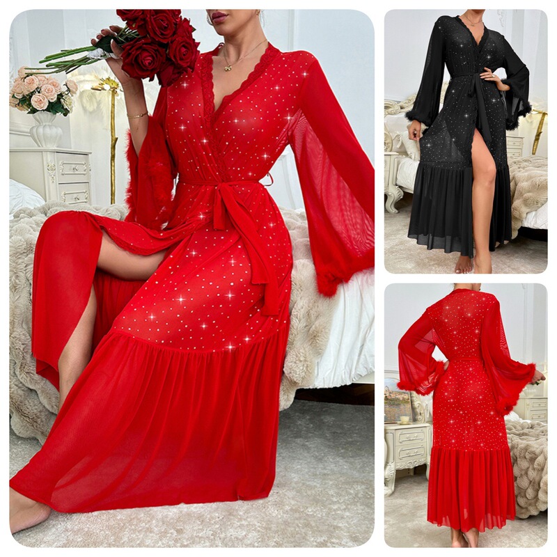 Cross-Border Sexy Pajamas for Women, Mesh Bathrobes, Furry Sleeves, Long Pajamas, Sequined Mesh Nightgowns, Home Clothes, Multi-Color 872