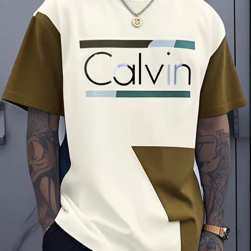 Patchwork Color-Blocking Letter Print American Hip-Hop Trendy T-Shirt for Men, 3D Digital Print Short-Sleeve Loose Summer Clothing Patchwork Color-Blocking Letter Print American Hip-Hop Trendy T-Shirt for Men, 3D Digital Print Short-Sleeve Loose Summer Clothing