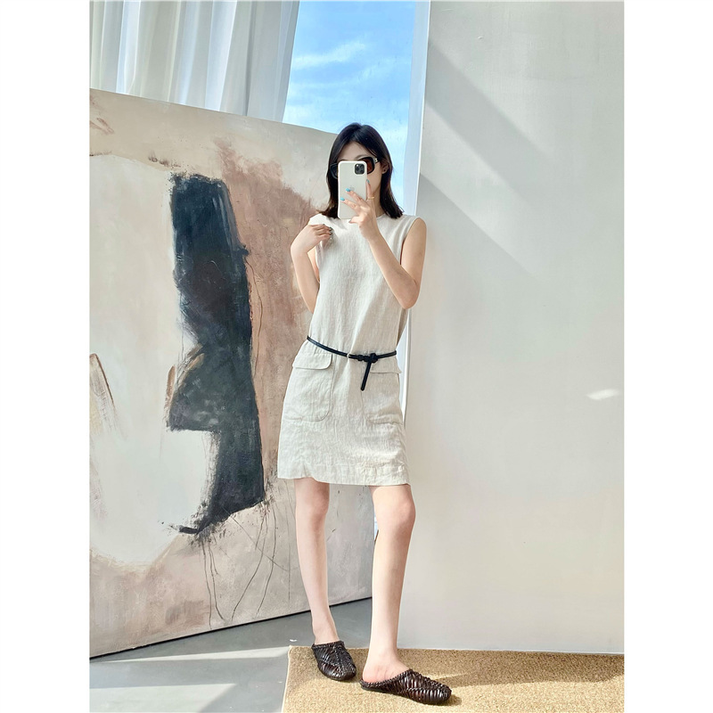 Cos Style! 100% Linen Standard Fit Straight Dress for Women, Nordic Minimalist Style, Pocket Vest Dress for Commuting, Summer Cos Style! 100% Linen Standard Fit Straight Dress for Women, Nordic Minimalist Style, Pocket Vest Dress for Commuting, Summer