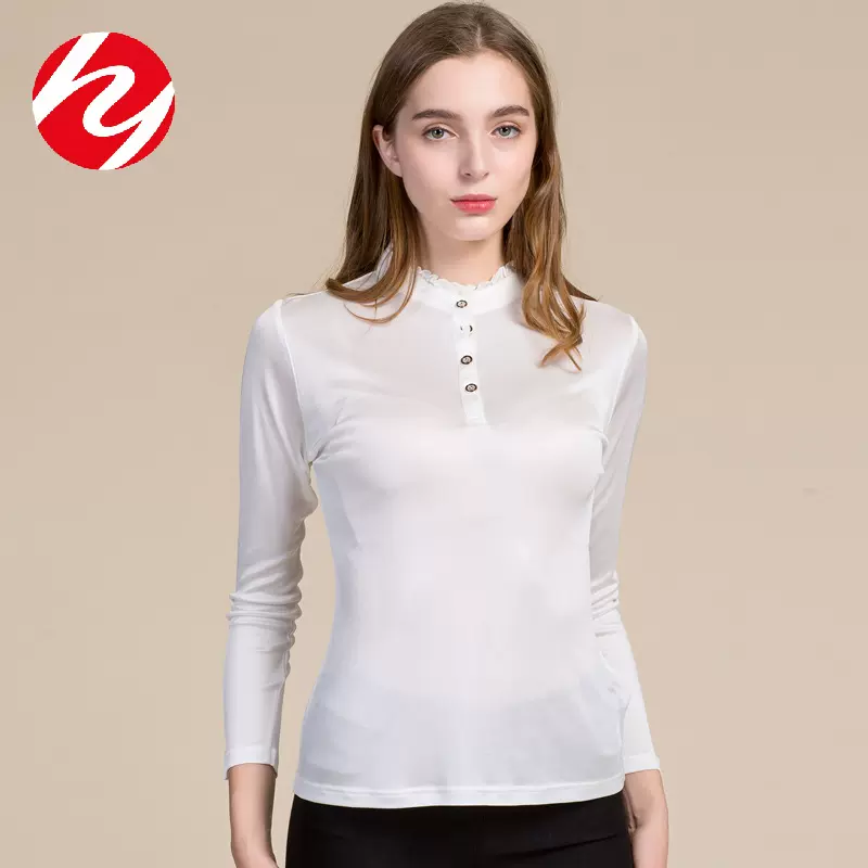 华业秋季款桑蚕丝纯色立领打底衫女长袖针织t恤上衣真丝大码衬衫