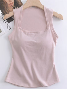 Breast pad integrated free-wearing bra sleeveless wide shoulder strap vest for women summer cool square collar solid color casual high elastic top
