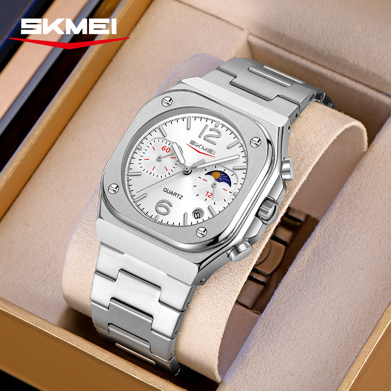 Momento cuadrado reloj de cuarzo cronógrafo único calendario multifuncional correa de acero relojes de pulsera de hombre al por mayor relojes de hombre transfronterizos
