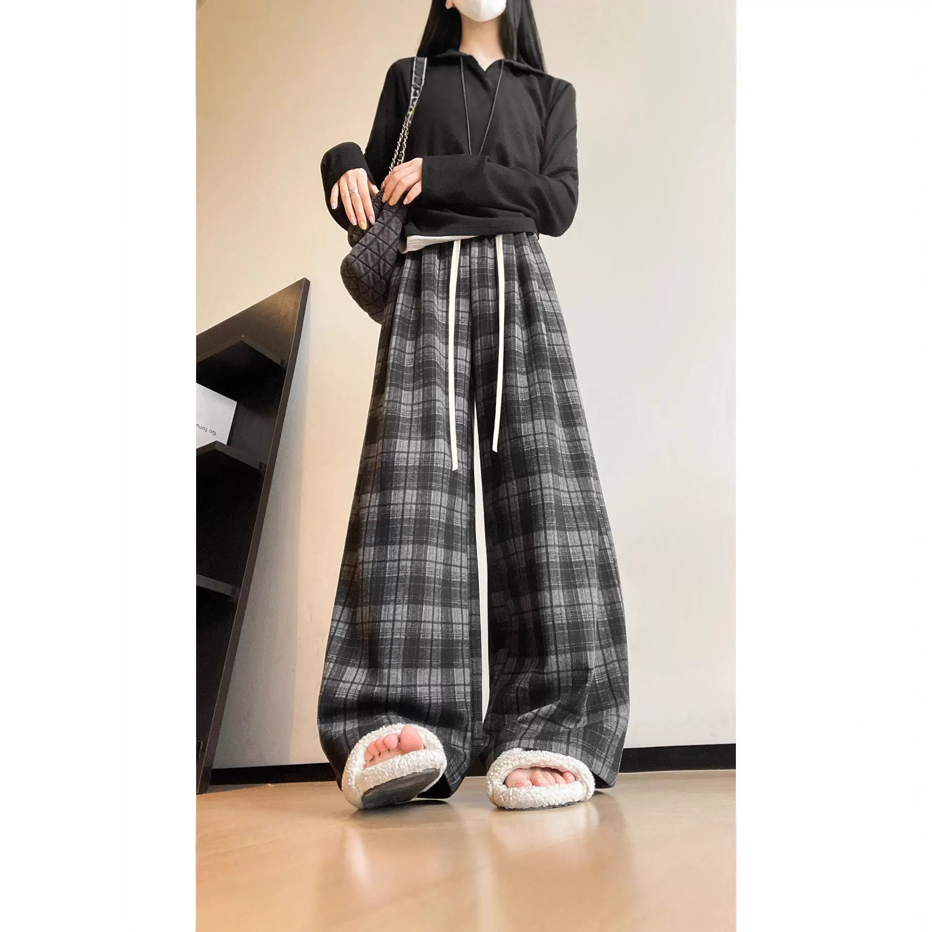 藏青色格子裤女2025春秋新款高腰垂感直筒裤宽松显瘦小个子阔腿裤