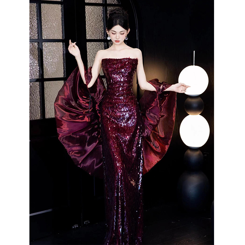 Strapless Evening Dress 2025 New Banquet Host Dress Burgundy Sequin Bridal Engagement Wedding Toast Dress