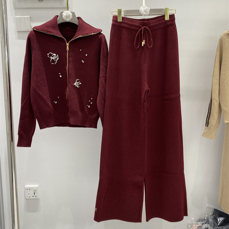 Heavy Beaded and Rhinestone Zip-Up Thin Cardigan + Drawstring Waist Long Pants Casual Niche Two-Piece Set Popular Style