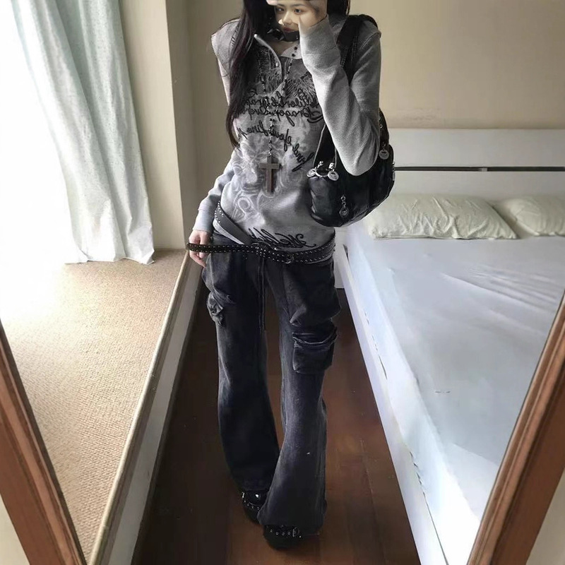 American Retro Totem Print Waffle Henley Collar Long-Sleeved T-Shirt for Women Autum Inner Layering Shirt Sexy Top