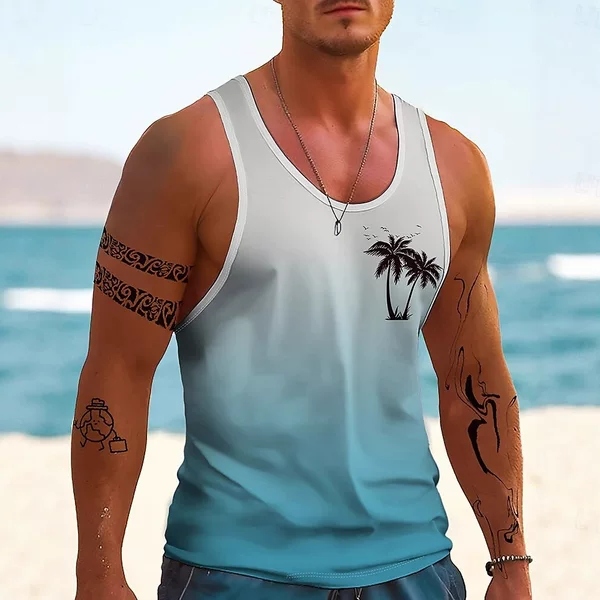 2026 Cross-Border Summer Beach Vacation New Palm Pattern Muscle Gym Workout Casual Style Men's Vest
