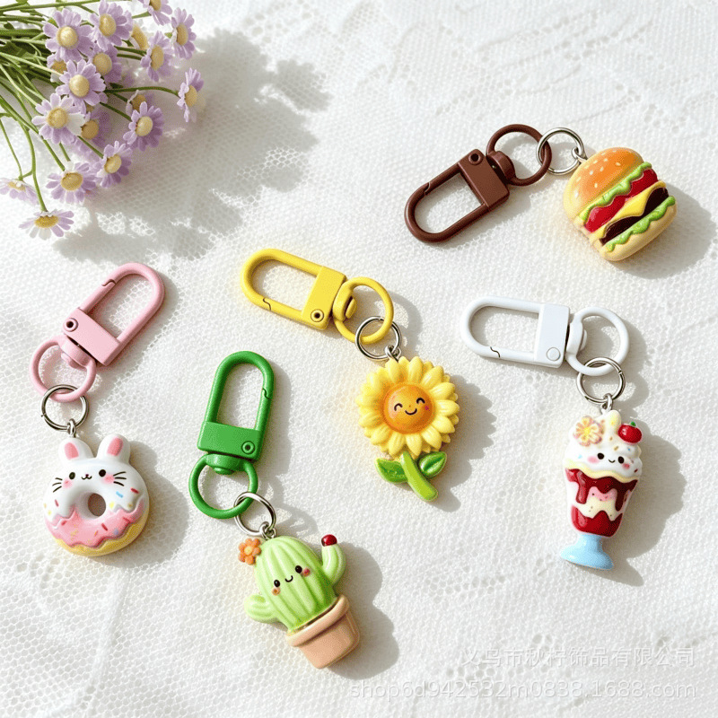 Cartoon food-themed plant keychains: sunflower, cactus, donut, hamburger, ice cream – bag charms and pendants