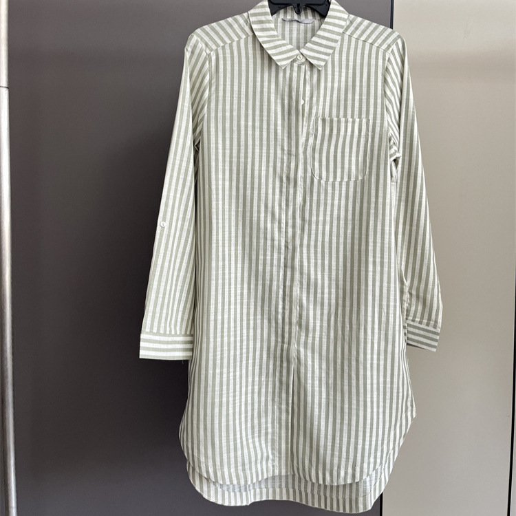 0440 Women's Mid-Length Striped Shirt Dress for Work, Breathable Versatile Loose Long-Sleeve Pure Cotton Shirt