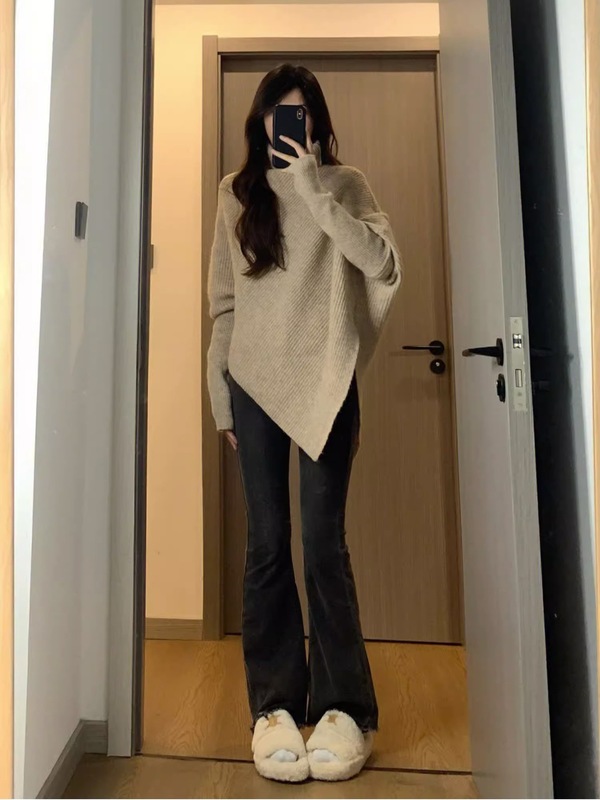 高领不规则小众设计感毛衣女秋冬韩版宽松慵懒风软糯针织上衣加厚|undefined