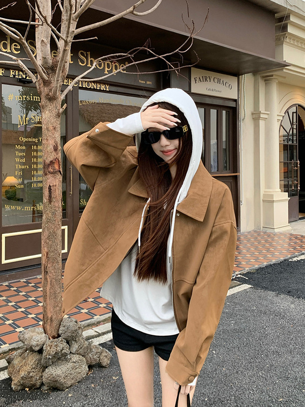 美拉德复古仿麂皮绒长袖外套女2025秋季新款宽松翻领休闲机车夹克|undefined