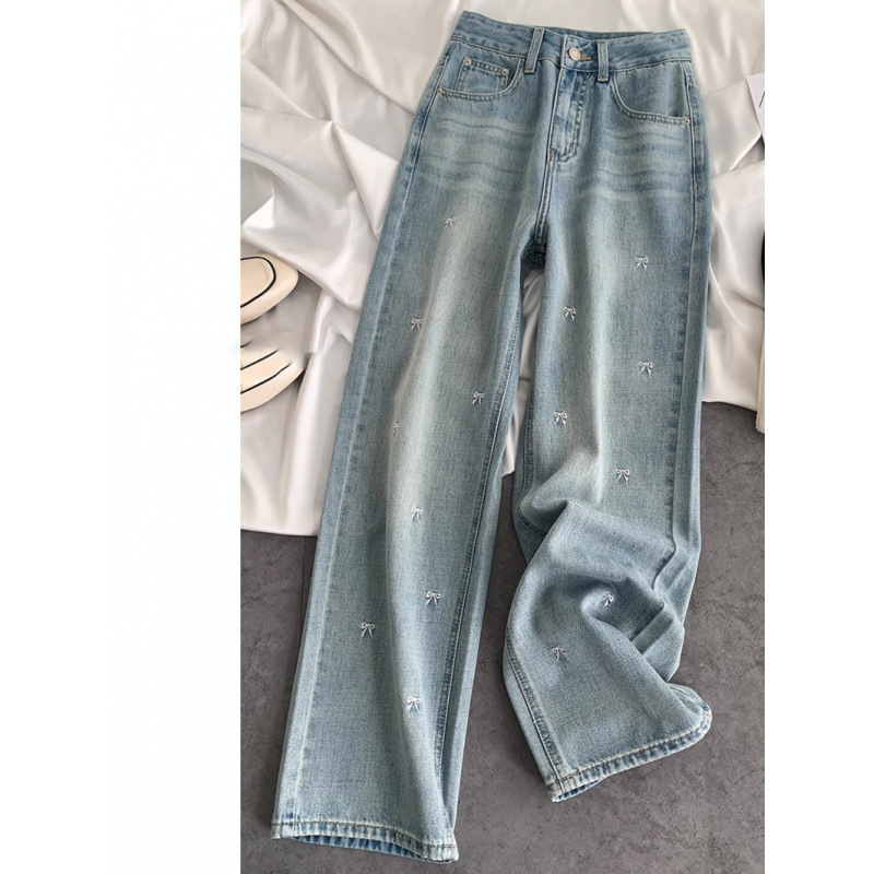 light blue Wide Leg Jeans Women's plus size Chubby Spring New Arrival Bow Embroidery Loose Slimming Straight Pants
