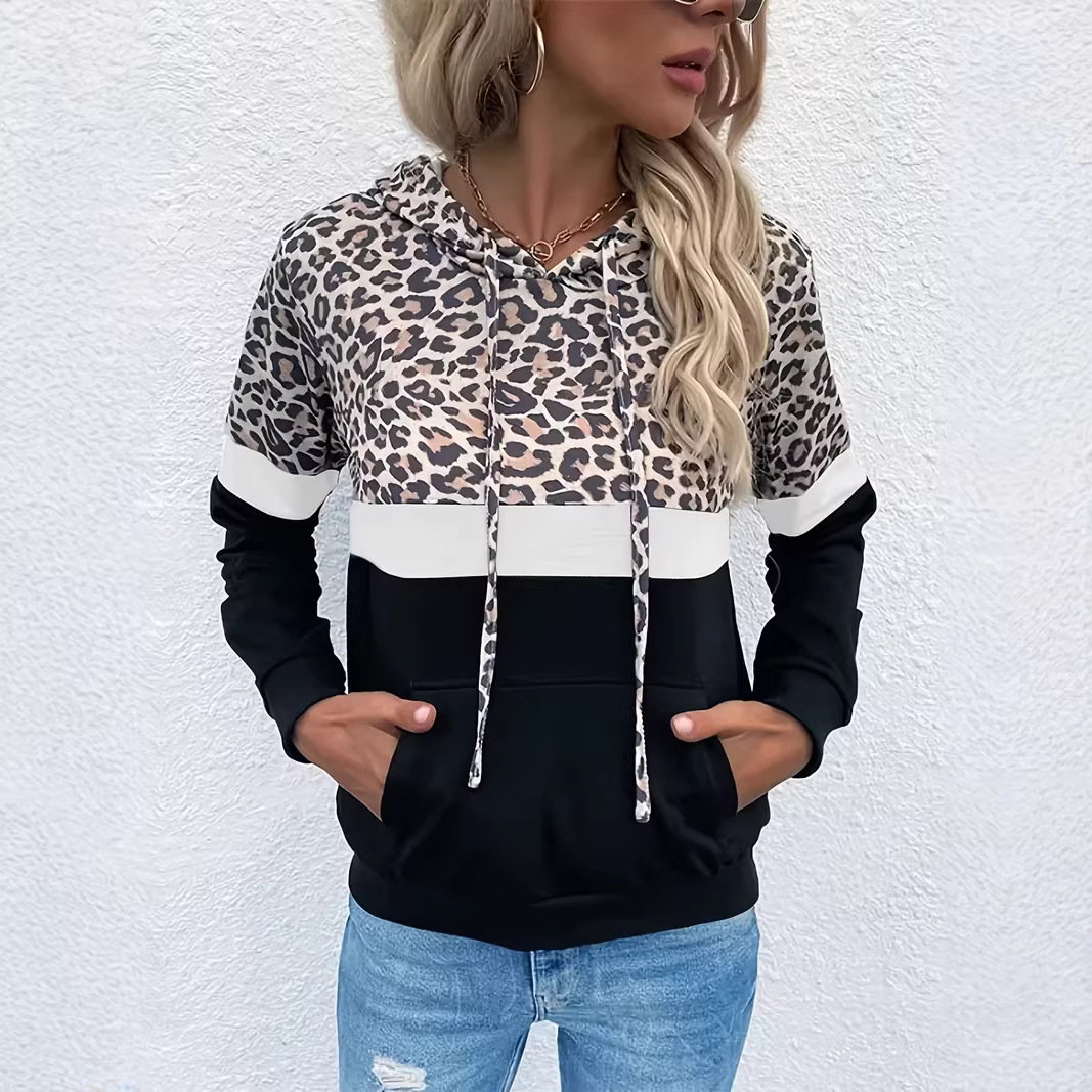 Leopard Print Long Sleeve Hooded Sweatshirt Autumn Winter New Women's Clothing_ecoleips.com