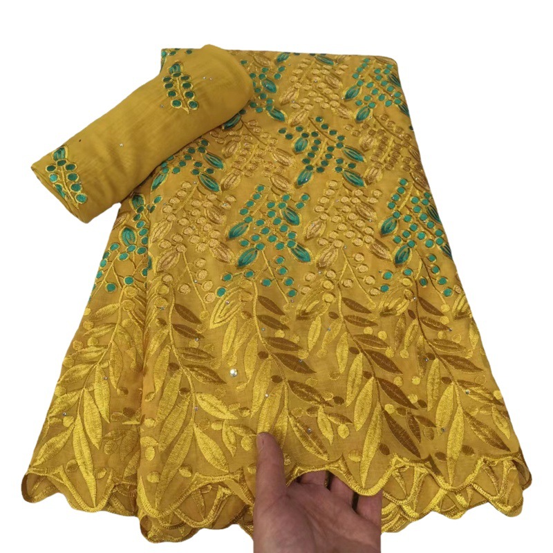 Vestido de novia africano de encaje de algodón suizo, bordado con pedrería y ribete de encaje, tela de algodón.