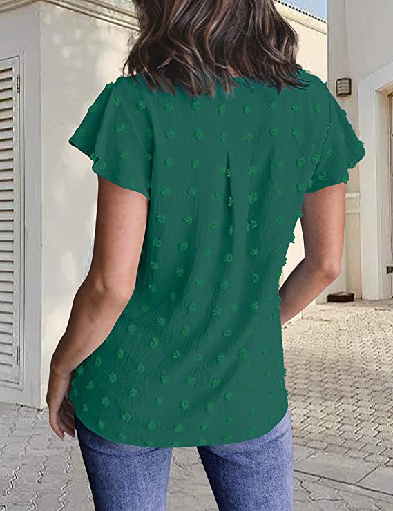 Cross-border European And American Women's Clothing 2026 Summer New V-neck Ruched Ruffle Sleeve Pom-pom Chiffon_voghion.com