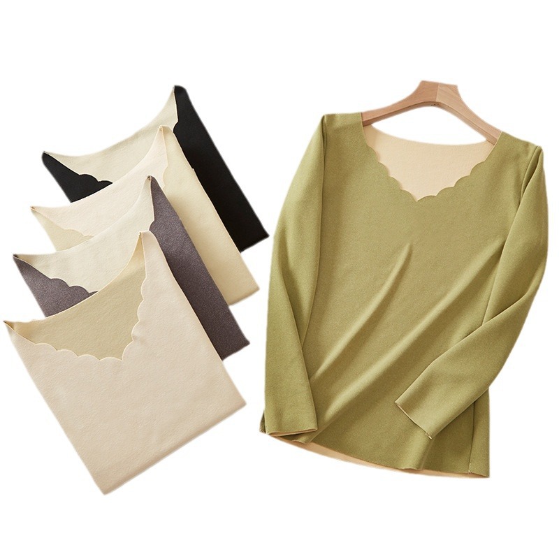 Invierno de doble cara de terciopelo con forro polar superior térmica de cuello bajo de las mujeres de fondo suéter de algodón camisa de fondo térmica ropa interior de manga larga de las mujeres