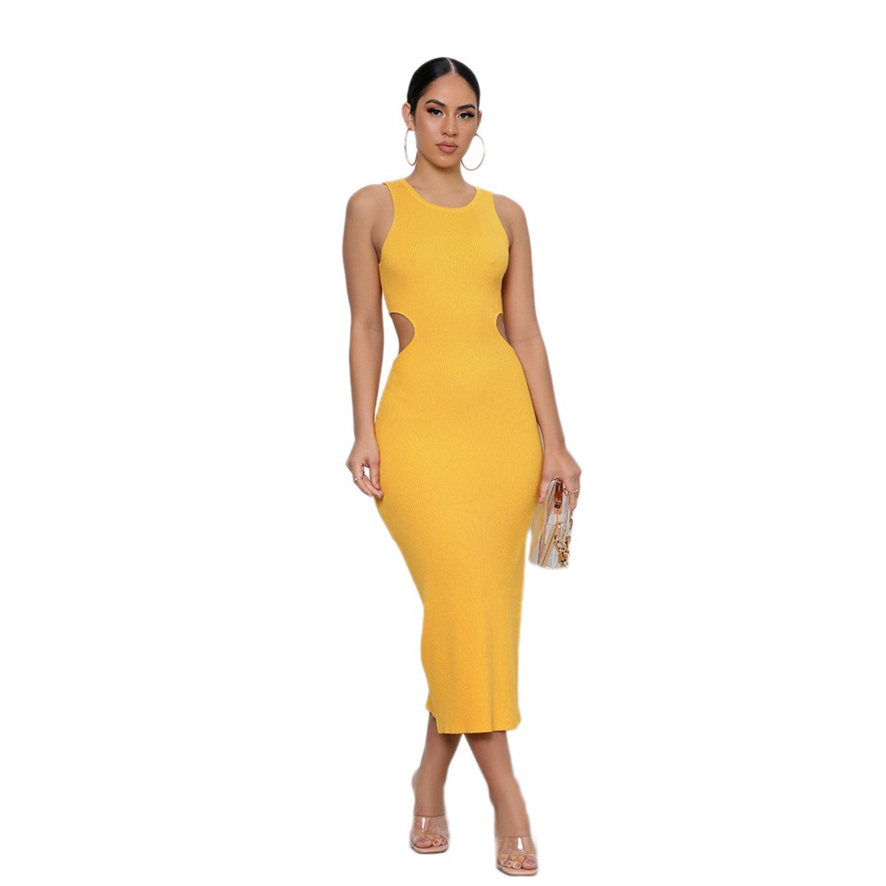 tight sleeveless round neck hollow slit solid color dress NSXLY119737