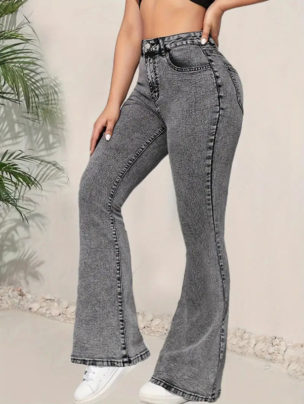 ヨーロッパとアメリカの貿易 AliExpress ダークグレーの女性のジーンズスリムフィット多機能デザインミッドウエストデニムフレアパンツ|undefined