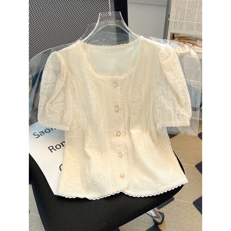 French Puff Sleeve Lace Top Women's 2025 Summer New Style Elegant Chiffon Shirt Short Sleeve plus size Women's Small Shirt