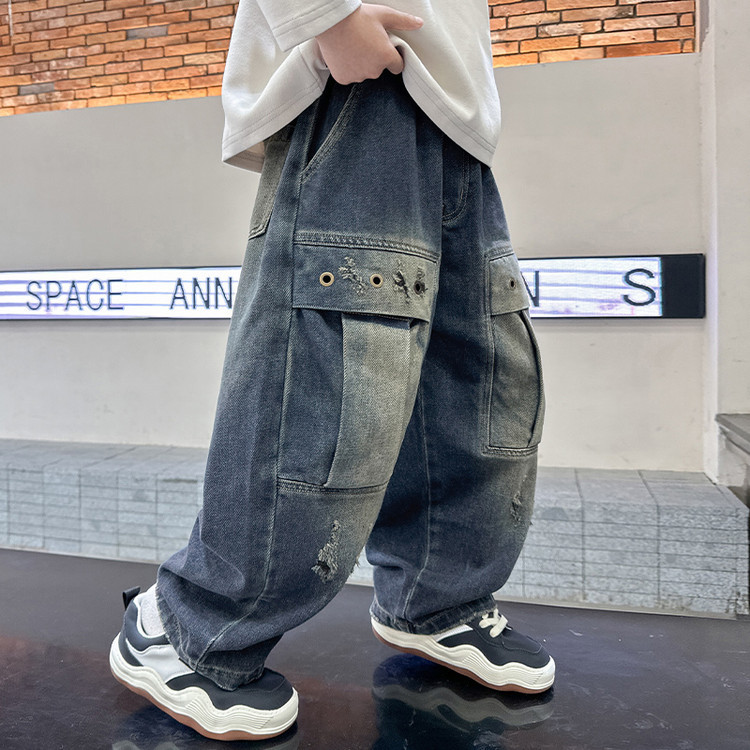 Jeans a gamba larga effetto used per bambine - Vita elasticizzata, comodo misto cotone, stile streetwear alla moda (120 cm-170 cm)_voghion.com