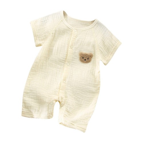 Newborn gauze short-sleeved shorts crawler suit single-breasted pure cotton boneless summer robe for men and women baby beige bear