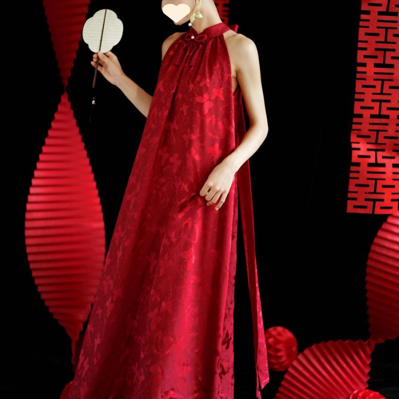 Moye New Chinese Style "Diyi" Red Jacquard Halter Bridal Toast Dress for Pregnant Women Engagement Dress