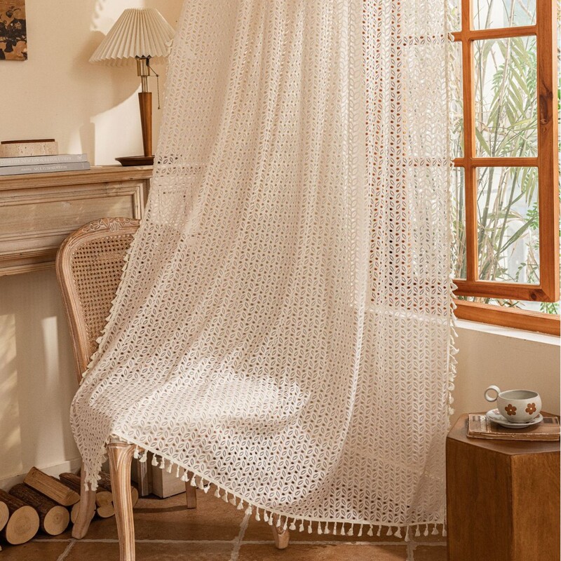 Tang Mei American Hook Needle Hollow Beige Transparent Curtain Gauze Curtain Tassel Transparent Door Curtain Bedroom Living Room Finished Curtain